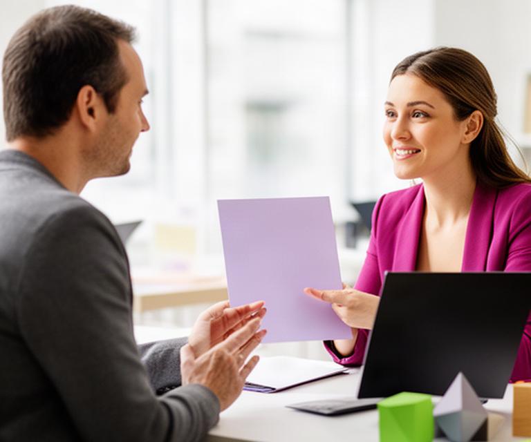 Arbeitssuchende Person bespricht einen Bildungsgutschein mit einer Programmierberaterin an einem hellen Schreibtisch