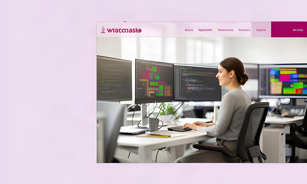 Entwicklerin arbeitet an einer Java-Anwendung in einem hellen Schulungsraum mit mehreren Monitoren
