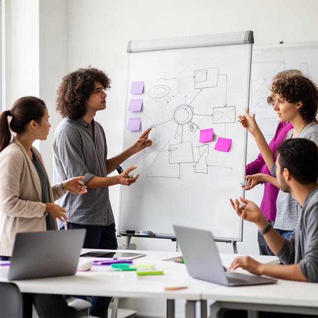 Kleine Lerngruppe sammelt Ideen und Datenbankbegriffe an einem Whiteboard