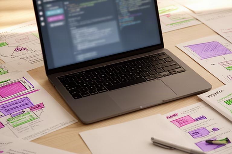 Laptop mit GitHub-Projektübersicht und handschriftlichen Portfolio-Notizen in einem Arbeitsbereich