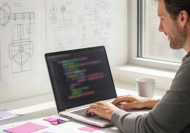 Lernende Person mit Python-Code am Laptop an einem hellen Arbeitsplatz neben technischen Zeichnungen