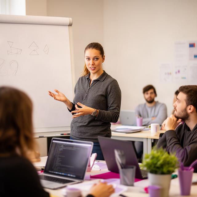 Softwareentwicklerin erklärt JavaScript-Code an einem Whiteboard im Wittener Kursraum