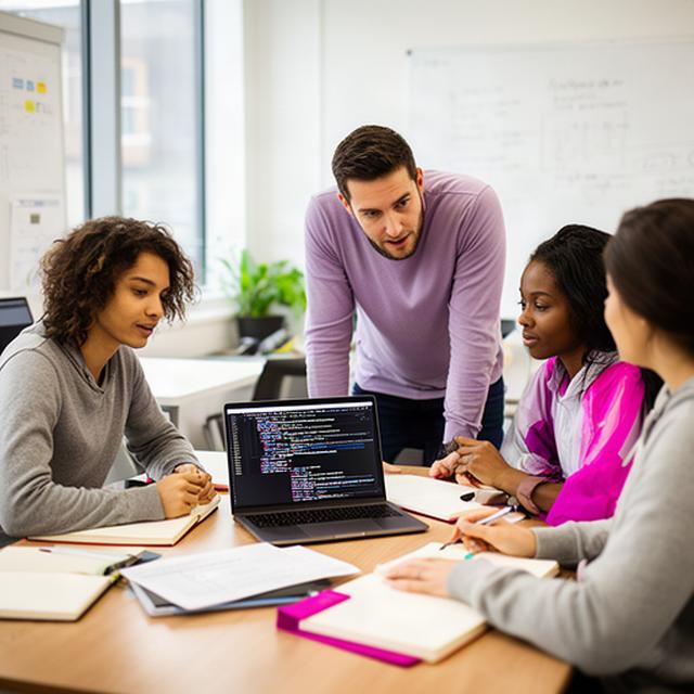 Backend-Coach arbeitet mit einer kleinen Lerngruppe an einer Datenbankaufgabe