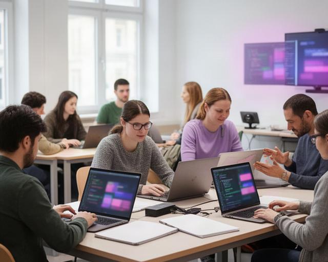 Lernende arbeiten an Laptops in einem hellen hybriden Klassenzimmer in Witten